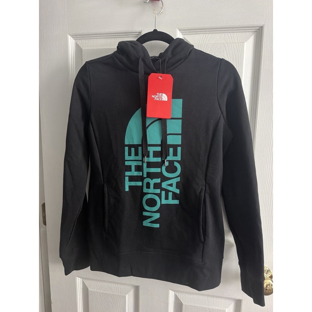 The North Face Women's Small Hoodie Black Turquoise Logo Pullover Sweatshirt NWT